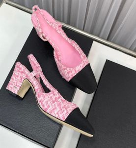 Chaussures habillées pour femmes talons grossiers 6cm tweed classique rose rose slingbacks sandales orteils carrés slip sur la chaussure de mariage rétro pantoufle lad2902823