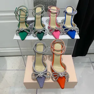 MachMach Satijnen Strik Pumps Sandalen Dames Leren Zool Strass Slingbacks Decoratie Dames Stiletto Hak Sandalen Luxe Ontwerpers Dinerjurk Schoenen Met Doos Zak