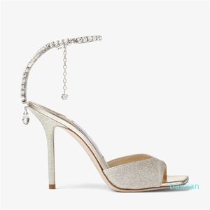 Chaussures habillées pour femmes conception sandale talons hauts chaussures sandale 100 mm bracelet en cristal blanc sandales paillettes de particules en or