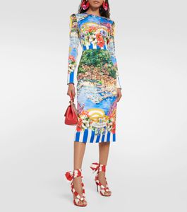 Damesjurk Siciliaanse zeezicht elastische satijnzijde midi-jurk met verzamelde taille