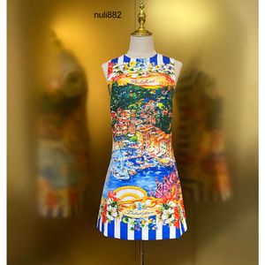 Damesjurk mouwloze verzamelde taille siciliaanse zeezicht gedrukte mini -jurk