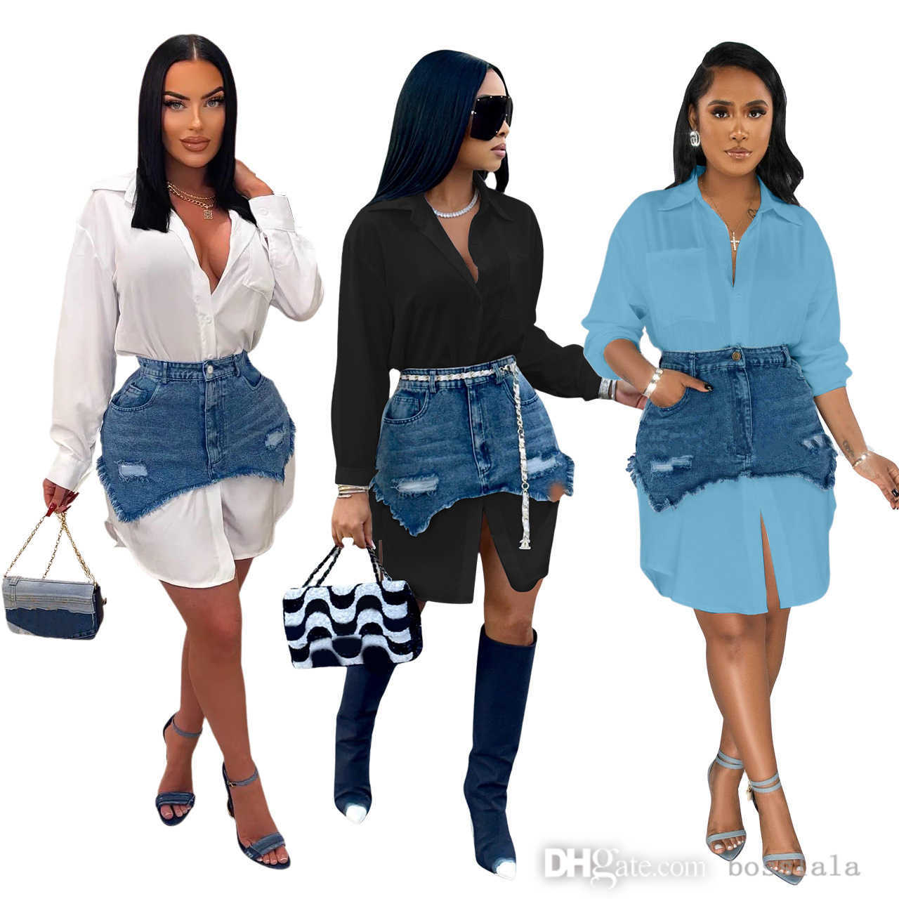 Womens Dress Suit Spring Summer New Fashion Personality Denim Combination Dress Shirt Two Piece Set