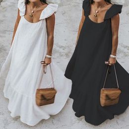 Robe pour femmes volants d'été Femmes Bohemian Solide Maxi Robe décontractée Robe sans manches