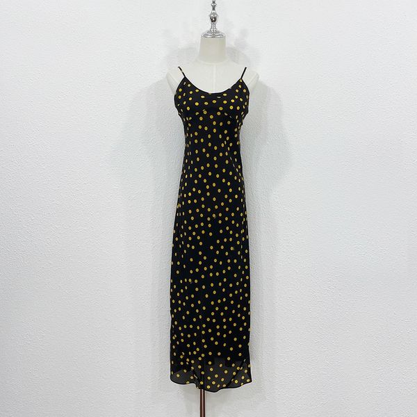 Robe femme USA marque de mode en soie noire motif à pois jaune froncé taille slip robe mi-longue