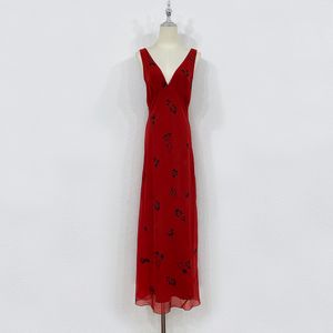 Robe femme USA marque de mode soie rouge imprimé floral sans manches robe longue