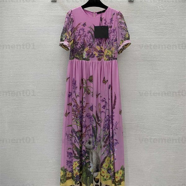 Vestidos para mujer Ropa de diseñador de verano Lindo Conejo Hongo Arbustos en flor Estampados Cintura Retracción Vestido con manga de burbuja Vestido de diseñador de moda Mujer