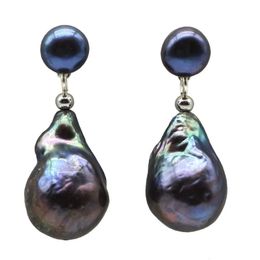 Womens oorbellen zwarte parel drop oorbellen natuurlijke barokke handgemaakte zilveren oorbellen originele sieraden cadeaus voor moeder 240220