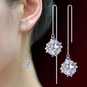 Womens Earrings Dangle Crystal Verzilverd Dames Diamond Ingelaid Zirkoon Square Cube Sugar Long Tassel Oor Line Ketting Daling Stijl