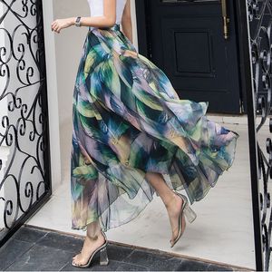 Womens Elastische Taille Chiffon Elegant Lange Dames Strand Vakantie Bloemen 8 M Big-Swing Streetwear Vrouwelijke Bohemen Half-Lange Rok T200712