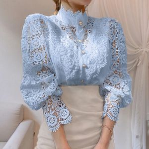 Dames elegante borduurkanten blouses bloemblaadjesmouwen uitgehold opstaande kraag tuniek lente effen wit overhemd top voor dames 240226