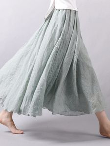 Femmes élégantes hautes taies lin maxi jupe d'été dames décontractées élastique 2 couches jupes saia féminina 240508