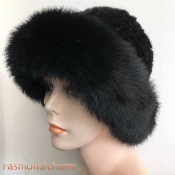 Womens élégant réel Véritable fourrure de vison Chapeau Bonnet tricoté W réel Fox Fur Brim Cap