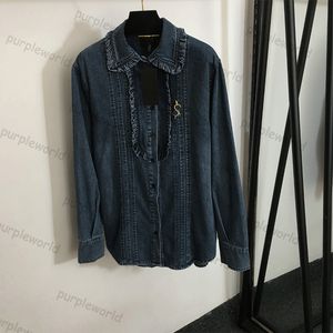 Chemises en jean à volants élégantes pour femmes, chemisier Vintage à manches longues, veste en jean coupe cintrée décontractée