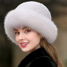 Femmes élégant hiver réel lapin fourrure chapeau tricoté bonnet haut-de-forme avec véritable fourrure de renard bord casquette