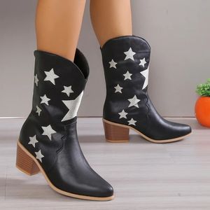 Dames geborduurd Western Knee High Boots Cowboy Cowgirl Boots Chunky Heel Platform Boots Dames Western Shoes 240415