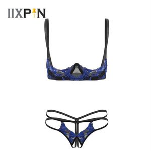 Ensemble de lingerie en dentelle transparente brodée pour femmes, soutien-gorge à armatures, sans doublure, festonné, sexy, avec string sans entrejambe, Thongs222z