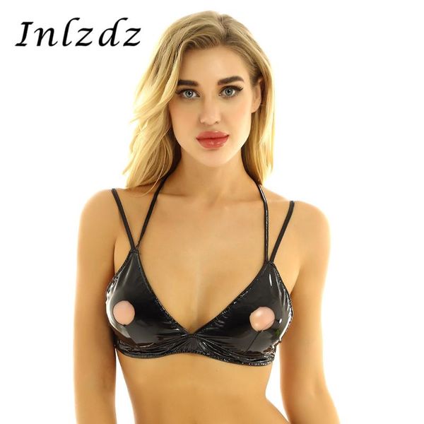 Soutien-gorge en cuir PU pour femmes, Lingerie érotique, haut à la mode, look mouillé, bonnets triangulaires, mamelon ajouré, bretelles croisées, Bralette, soutien-gorge Sexy