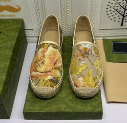 Espadrille Slides pour femmes pantoufles plates espadrilles à fleurs à la mode mules en toile jacquard à garnitures en cuir chaussures de marque mocassins lux