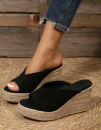 Sandalias de cuña de Womens Espadrille Peep Toe Slip on Platform Shoes Slide al aire libre 240425