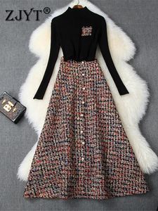 Moda para mujer Otoño Invierno Conjunto de vestido de 2 piezas Trajes de fiesta para mujer Suéter negro Top y traje de falda de lana de Tweed largo Twinset 240109