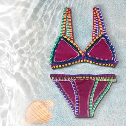 Conjuntos de bikini de moda para mujer separa dos piezas trajes de baño con material elástico de color morado oscuro trajes de baño de verano sólidos 240322