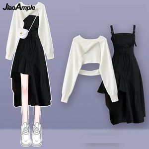 Damesmode Uitsparing Trui Jarretelrok Tweedelige Set Koreaanse Elegant In Bijpassende Set Lente Zomer Jurk Pak 240329