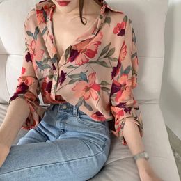 Fashion Fashion Floral Imprime en V V Long Man Man Giron de mousseline de mousseline Boulie Boulouse Office Shirt Luxury Tops Vintage Tops M-2XL 240426