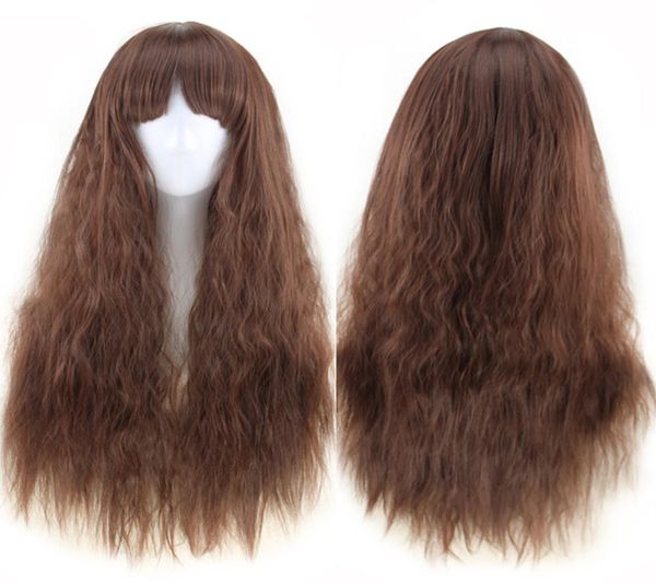 Mode féminine Sexy longs cheveux ondulés résistant à la chaleur perruques de cheveux synthétiques Cosplay fête brun clair naturel noir Peruca Peluca5098914