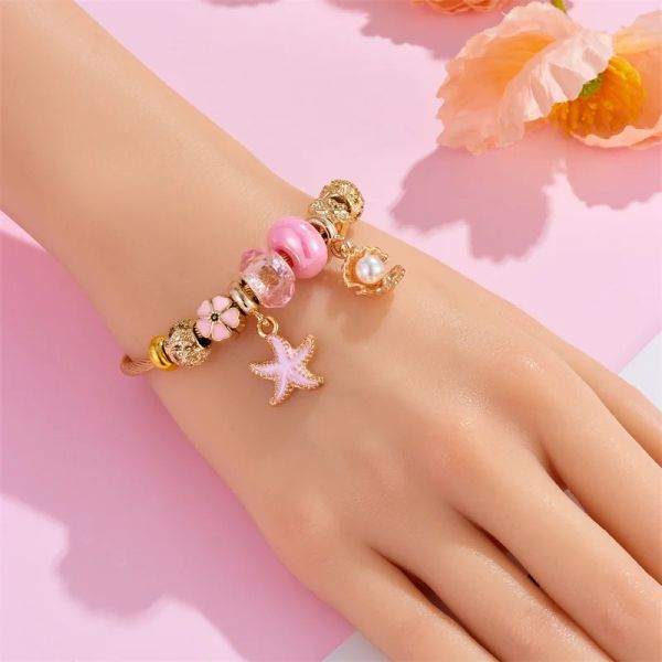 Bracelet Bransoletki Damskie en or jaune 14 carats pour femme, petit et transparent, en forme d'étoile de mer, perlé, ouvert