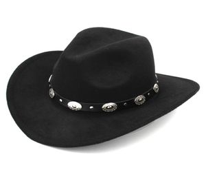 Damesmode Western Cowboyhoed met oprolbare rand Vilt Cowgirl Sombrero Caps met leren riem met studs5190630