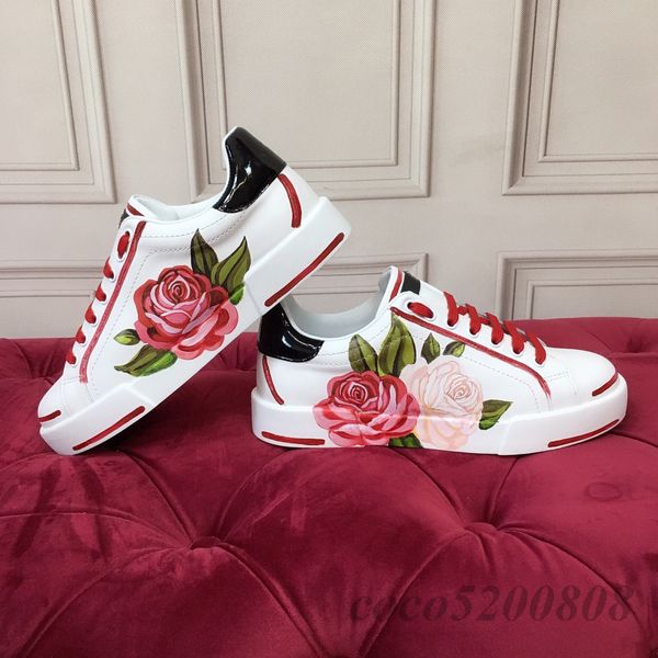 Zapatos planos informales para mujer, zapatos deportivos blancos, apliques de flores rosas, punta redonda, zapatillas deportivas con estampado de cuero genuino para mujer