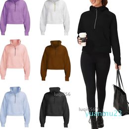 Damesfleece gevoerde hoodies met halve rits, citroentrui, oversized casual workout-sweatshirts met lange mouwen en duimgaten