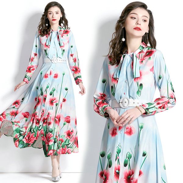 Robe florale pour femmes Boutique robe à manches longues 2023 printemps automne Bow robe Maxi haut de gamme mode dame robes longues piste robes de vacances