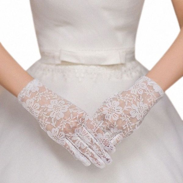 Guantes cortos blancos de encaje floral para mujer Longitud de muñeca con dedos completos a través de color sólido Mitones de boda nupciales Vintage Crocheted f2tc #