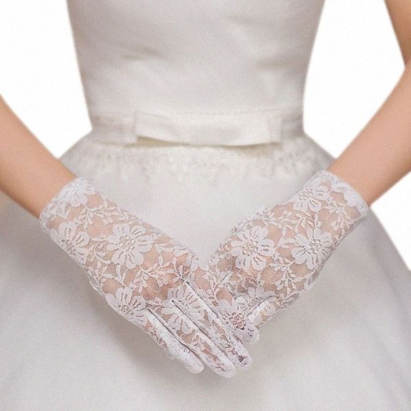 Lace floral de mujer Blanco Guantes cortos Longitud de muñeca con los dedos completos a través del color sólido Mittes de boda nupciales Crocheted U53R#