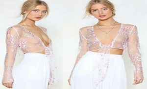 Femmes maille florale pure brodé transparent culture hauts t-shirt chemisier Bikini couvrir chemise de nuit Sarongs8997246