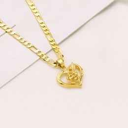 Pendentif coeur fleur pour femme 18 carats finition or jaune massif collier chaîne à maillons figaro italien 24" 3 mm