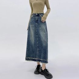 Womens Front Longline Denim Rok Knop Retro Lange Rokken Hoge Taille Split Jeans Shorts Rechte Maxi Jurken Meisjes 240112