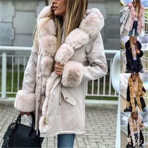 Cuello de piel para mujer Mezclas de lana Abrigos Moda Empalme Manga larga Cremallera Abrigos con capucha Diseñador Invierno Mujer Nuevo Casual Cálido Ropa de abrigo delgada