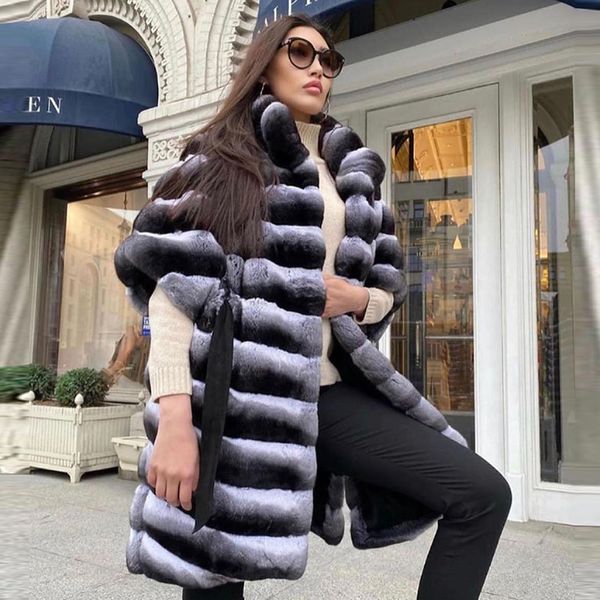 Femmes fausse fourrure 80 cm de Long réel Rex lapin manteaux pour femmes véritable pleine peau Chinchilla couleur vestes col montant 230921