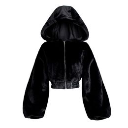 Femmes Fourrure Faux Automne Hiver Lapin Bomber Teddy Manteau Zipper Streetwear Taille Haute Fourrure À Capuchon En Peluche Veste Cardigan Polaire Parkas 230904