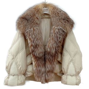 Femmes fourrure fausse automne hiver réel col surdimensionné épais manteau 90% duvet d'oie veste chaude femmes de luxe vêtements mode 231018