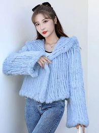 Femmes Fourrure Fausse Automne Hiver Femmes 100% Naturel Veste Réel Lapin Manteau Lâche Manuel Tissage Qualité Streetwear À Capuchon Flare Manches 231113