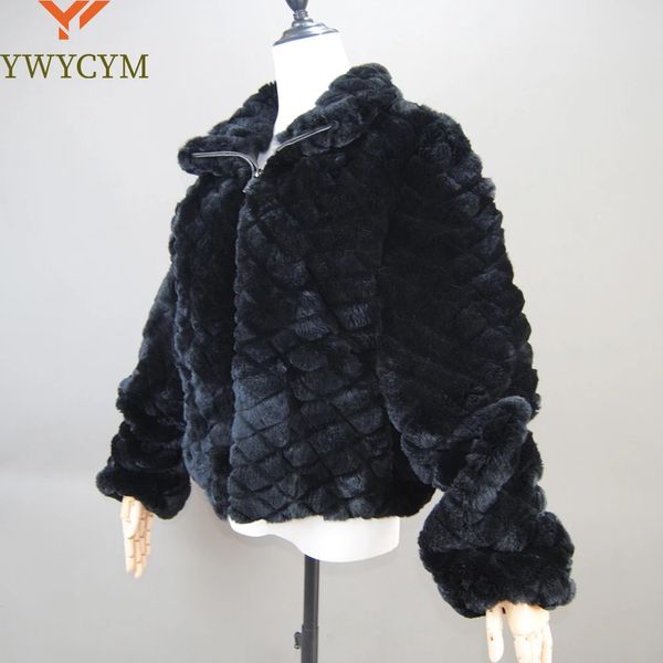 Veste courte en fausse fourrure noire pour femme, manteau d'hiver en vrai lapin Rex avec col à revers, vêtements d'extérieur, 231031