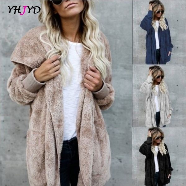 Femmes fausse fourrure manteau femmes automne hiver chaud doux longue veste vêtements d'extérieur en peluche pardessus poche cardigan sans bouton avec capuche 230904