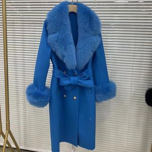 Femmes Fourrure Faux CXFS Femmes Laine Cachemire Mélangé Manteau avec Grand Col De Renard Réel Mode Veste D'hiver Double Boutonnage Ceinture Outwear Manchette 231112