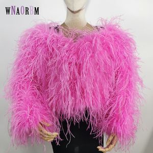 Femmes Fourrure Faux Mode sexy 100% vraies plumes d'autruche col bateau conception femmes hors épaule manteau court Longueur 40 cm veste de fourrure de fête 230828