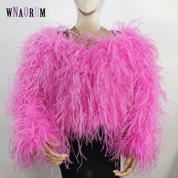 Piel sintética para mujer Moda sexy 100% real pluma de avestruz diseño de cuello barco abrigo corto con hombros descubiertos para mujer Longitud 40 cm chaqueta de piel de fiesta 230828