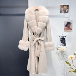 Abrigo de piel sintética para mujer, chaqueta de invierno, puños con cuello de piel Natural, mezcla de lana larga, ropa de abrigo gruesa y cálida para mujer, ropa de calle 230906