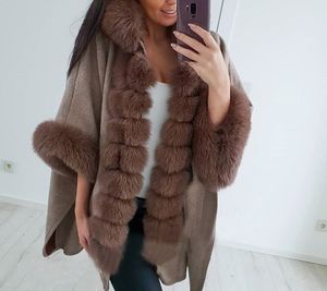 Damesbont namaakbont echt bont wollen sjaaljas groot formaat oversized met capuchon met bontkraag manchetten cape hoodie kimono hoody wrap 230920